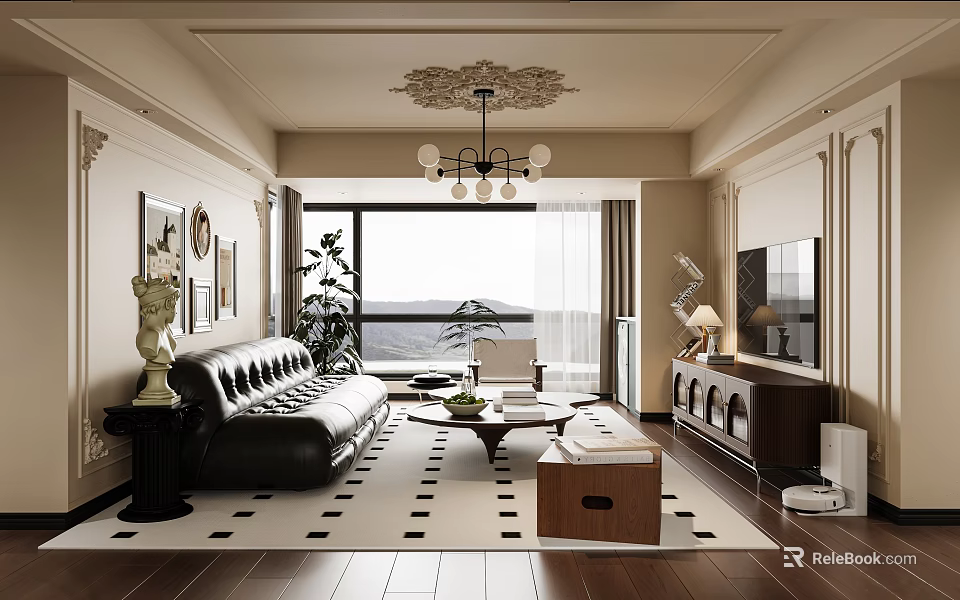Luxurious Living Dining Room Interior With Black Leather Sofa Wooden Coffee Table And Chandelier 3d model 