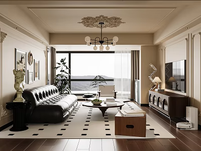 Luxurious Living Dining Room Interior With Black Leather Sofa Wooden Coffee Table And Chandelier 3d model