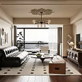 Luxurious Living Dining Room Interior With Black Leather Sofa Wooden Coffee Table And Chandelier