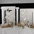 Elegant Decorative Scene With Black Backdrop White Columns Logo Floral Pattern Table And Chairs 3d model