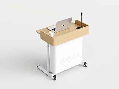 Modern Podium With Wooden Top White Cabinet Wheels Laptop Microphone And Cup 3d model
