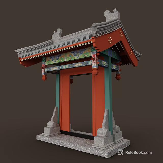 Traditional Chinese Ancient Architecture With Red Door Green Pillars Gray Roof And Carved Decorations 3d model 