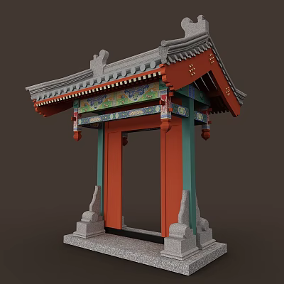 Traditional Chinese Ancient Architecture With Red Door Green Pillars Gray Roof And Carved Decorations 3d model