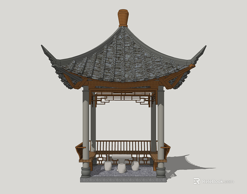Chinese Traditional Pavilion With Gray Tiled Roof Overhanging Eaves And Wooden Structure 3d model 