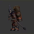 Man in Tribal Warrior Outfit Holding Blue Weapon with Scrolls on Back