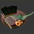 Red Ramen Bowl with Sliced Meat Soft Boiled Eggs Nori Green Herbs Chopsticks and Spoon