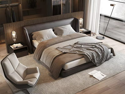 Modern Bedroom Double Bed With Leather Headboard Bedside Tables And Floor Lamp 3d model