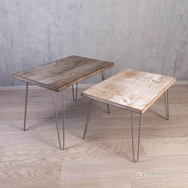 Two Wooden Top Metal Leg Stools Against Grey Wall On Wooden Floor 3d model 