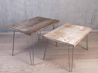 Two Wooden Top Metal Leg Stools Against Grey Wall On Wooden Floor 3d model