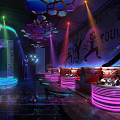 Contemporary Bar Interior Design With Colorful Lighting High Stools Bar Counter And Geometric Ceiling