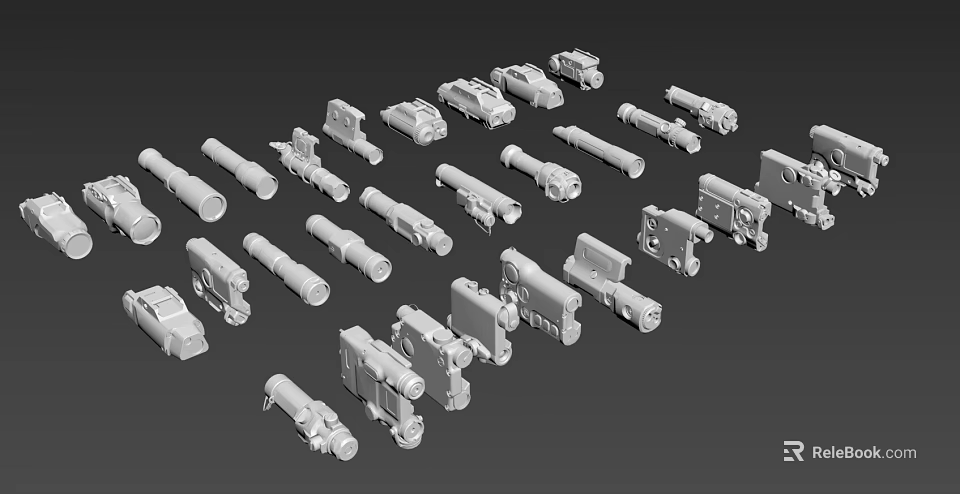 Assorted Weapon Parts Presented as 3D Gray Models in Collection 3d model 