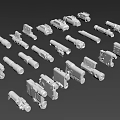 Assorted Weapon Parts Presented as 3D Gray Models in Collection