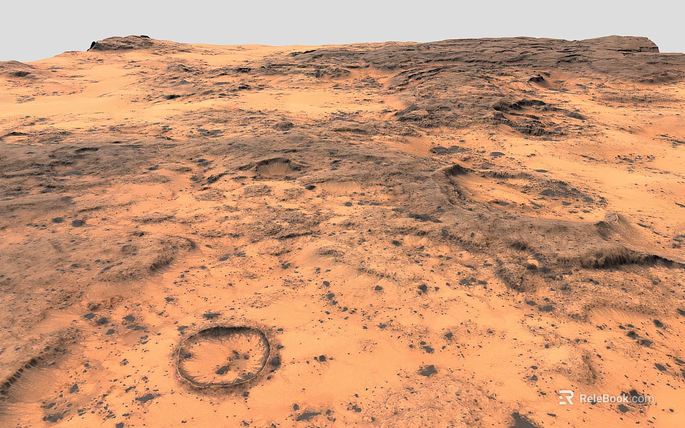 Red Desert Landscape With Rocky Terrain And Circular Patterns On Sandy Surface 3d model 