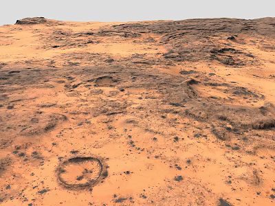 Red Desert Landscape With Rocky Terrain And Circular Patterns On Sandy Surface 3d model