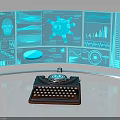 Vintage Typewriter With Curved Holographic Screen Displaying Tech Charts And Diagrams