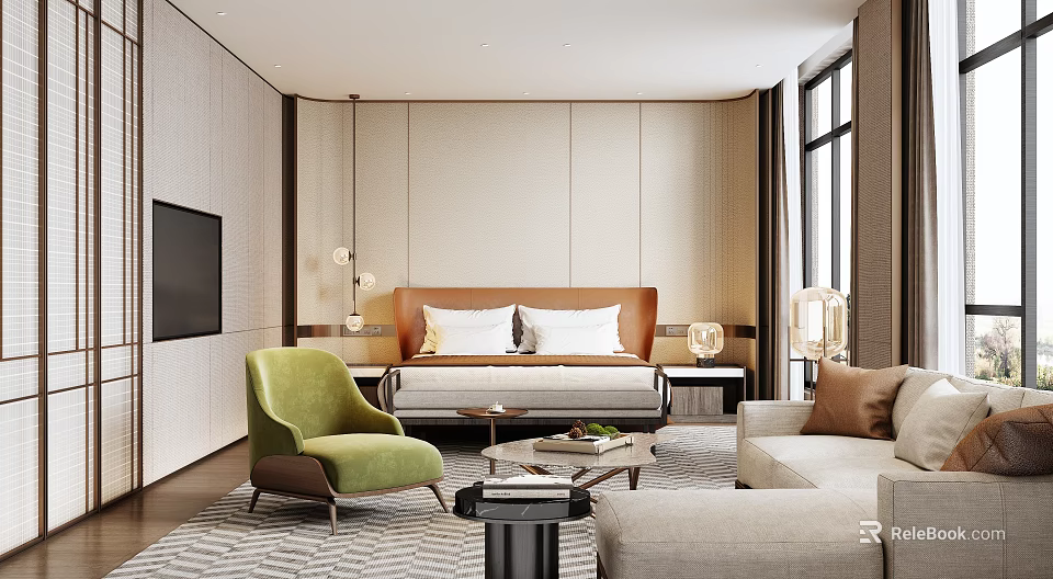 Modern Hotel Room Interior With Comfortable Bed Green Armchair Beige Sofa And Patterned Carpet 3d model 