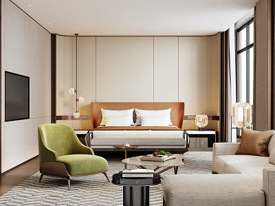 Modern Hotel Room Interior With Comfortable Bed Green Armchair Beige Sofa And Patterned Carpet 3d model