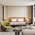 Modern Hotel Room Interior With Comfortable Bed Green Armchair Beige Sofa And Patterned Carpet