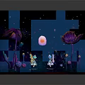 Cartoon Fantasy Scene With Starry Sky Moon Arch Large Flowers And Cute Glowing Characters