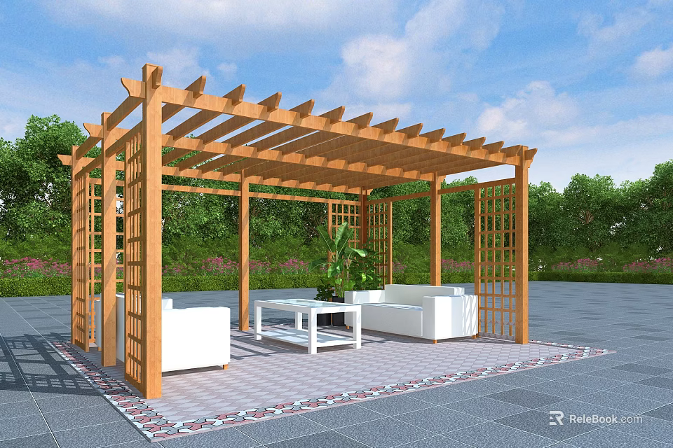 Wooden Pergola with Open Structure Outdoor Sofa Table and Green Plants 3d model 