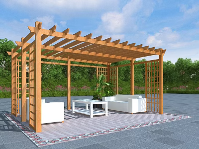 Wooden Pergola with Open Structure Outdoor Sofa Table and Green Plants 3d model