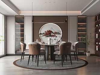 New Chinese Restaurant Home Dining Table and Chair Combination Wine Cabinet Display Cabinet Green Plant Chandelier Carpet 3d model