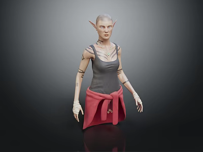 Game and Movie Character With Pointed Ears Bald Head Tattoos Gray Tank Top Red Skirt 3d model