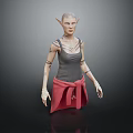 Game and Movie Character With Pointed Ears Bald Head Tattoos Gray Tank Top Red Skirt