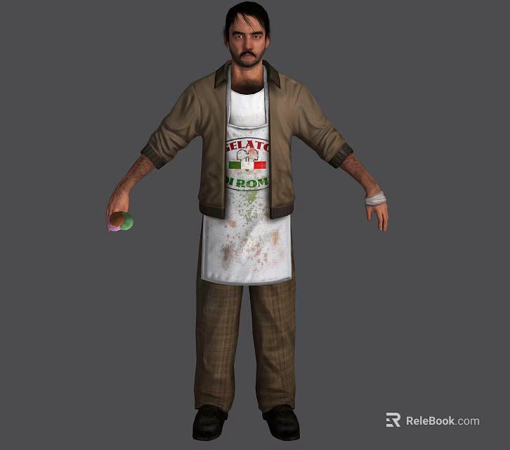 Man wearing brown jacket white Pizza Italian apron holding green red ingredients in plaid pants 3d model 