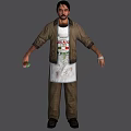 Man wearing brown jacket white Pizza Italian apron holding green red ingredients in plaid pants