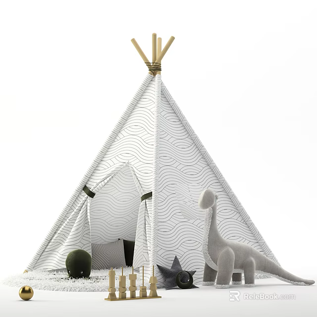 Cozy Wave Patterned Teepee Tent With Bamboo Poles Top And Dinosaur Toy In Kids Playroom 3d model 