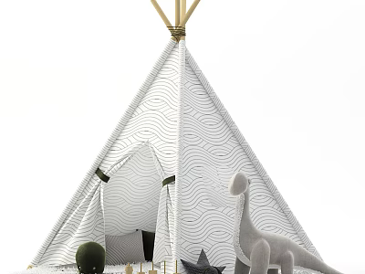Cozy Wave Patterned Teepee Tent With Bamboo Poles Top And Dinosaur Toy In Kids Playroom 3d model