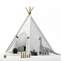Cozy Wave Patterned Teepee Tent With Bamboo Poles Top And Dinosaur Toy In Kids Playroom