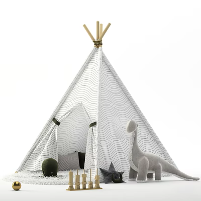 Cozy Wave Patterned Teepee Tent With Bamboo Poles Top And Dinosaur Toy In Kids Playroom 3d model