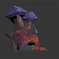Wood Stone Mushroom Decorative Sculpture Featuring Colorful Low Poly Design And Green Leaves