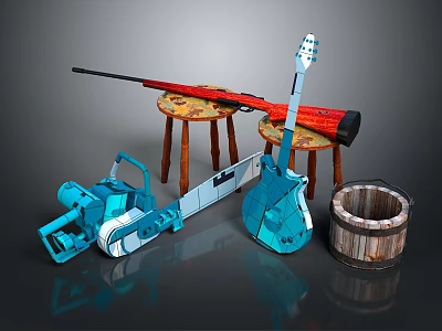 Blue Chainsaw Wooden Barrel And Patterned Stool For Daily Household Use 3d model