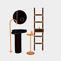 Modern Copper Pedestal Sink With Round Mirror And Black Bath Product Shelf