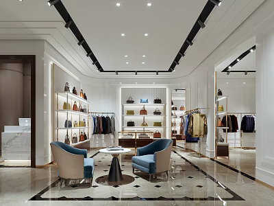 Elegant Modern Clothing Store Interior With Clothing Racks Bags Apparel And Comfortable Chairs 3d model