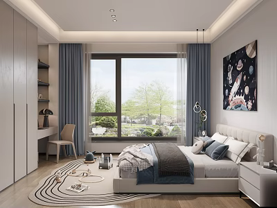Modern Kids Bedroom With Large Window Desk And Space Art 3d model