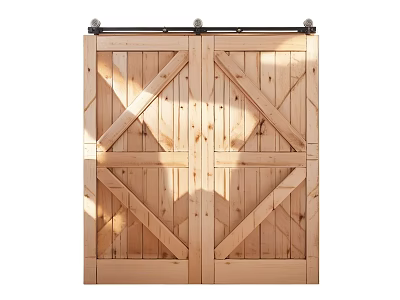 Wooden Double Barn Door With Cross Panel Design And Sliding Track 3d model