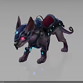 Fantasy Armored Creature With Purple Body Spiked Ears Blue Glowing Accents And Red Saddle