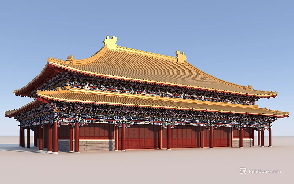 Ancient Chinese Architecture With Golden Roof Red Pillars And Traditional Ornaments 3d model 