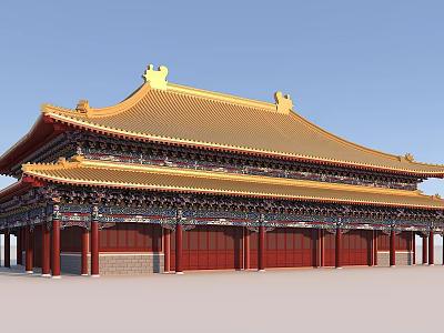 Ancient Chinese Architecture With Golden Roof Red Pillars And Traditional Ornaments 3d model