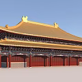 Ancient Chinese Architecture With Golden Roof Red Pillars And Traditional Ornaments