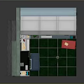 Compact Modern Living Space With Kitchen Bed Green Floor Bookshelf Red Box And Blue Lighting