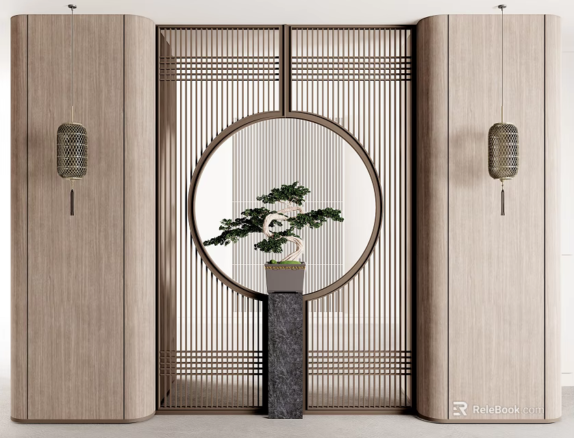 Traditional Wooden Partition with Circular Opening Green Plant and Hanging Lanterns Interior Decor 3d model 