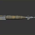 Military Bomb With Brown Body Yellow Markings Blue Stabilizer Fins And Gray Nose Cone