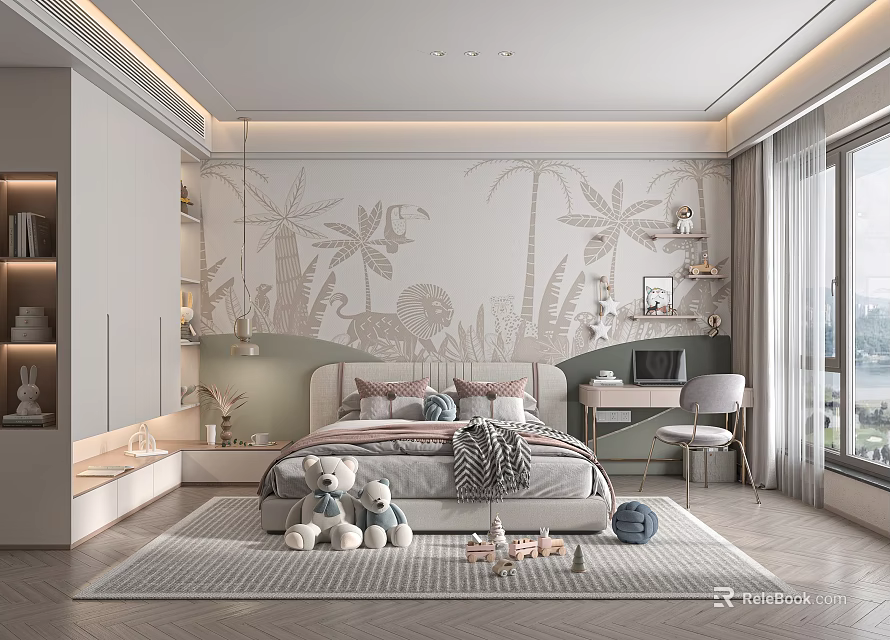 Cozy Kids Room Interior With Palm Tree Wallpaper Stuffed Toys Desk And Chair 3d model 