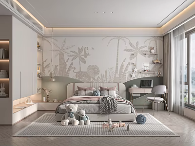 Cozy Kids Room Interior With Palm Tree Wallpaper Stuffed Toys Desk And Chair 3d model