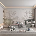 Cozy Kids Room Interior With Palm Tree Wallpaper Stuffed Toys Desk And Chair